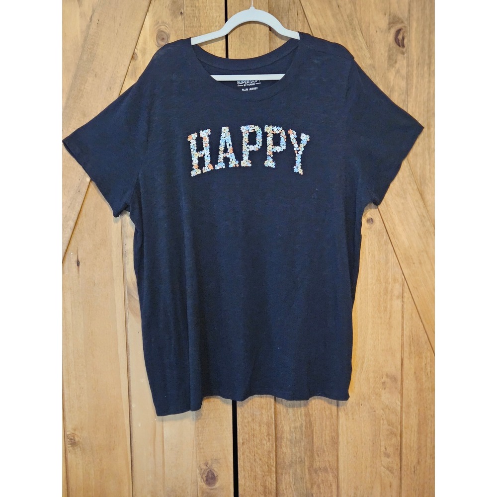Torrid Daisy Slub T-Shirt 3X Black Happy Embroidered Super Soft Jersey #807